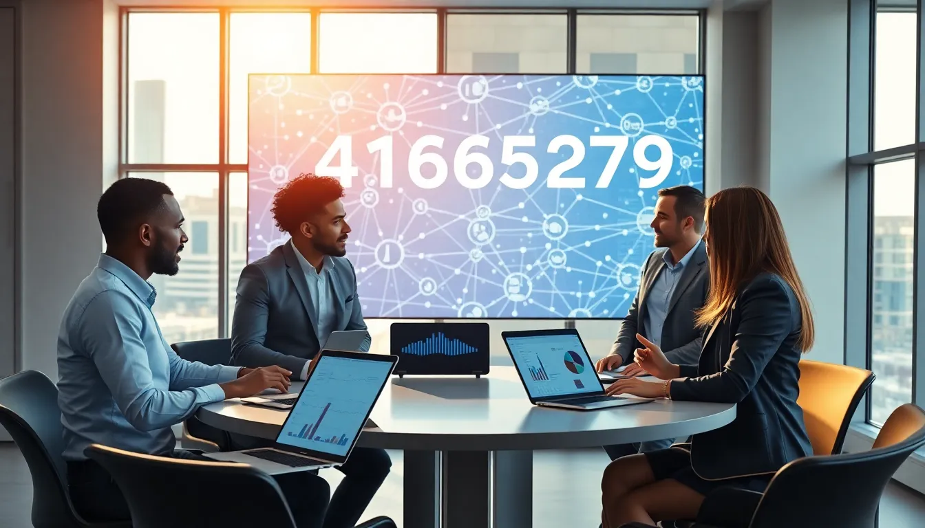 professionals discussing data analytics in a modern office setting.